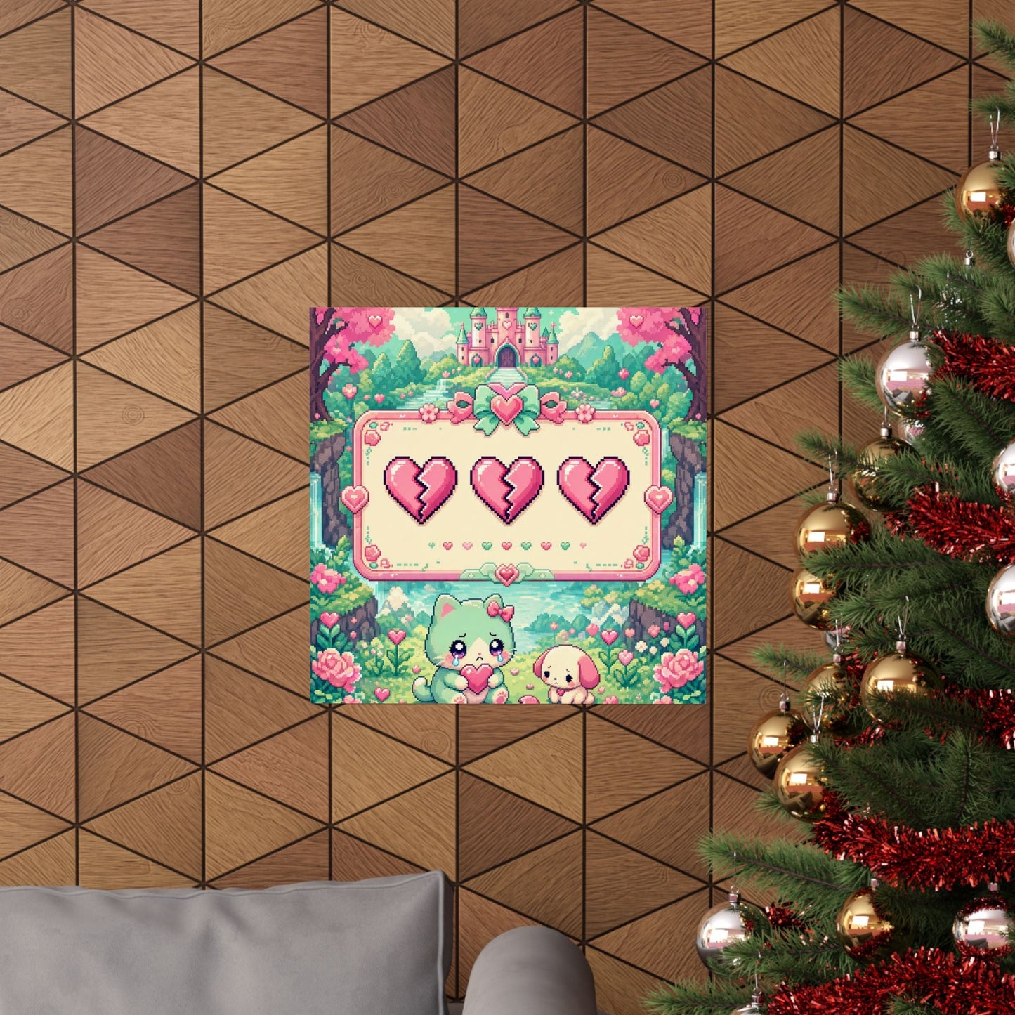 Cute Game Over Screen With Hearts - Kawaii Gaming Art Print (Matte Poster) - Moikas