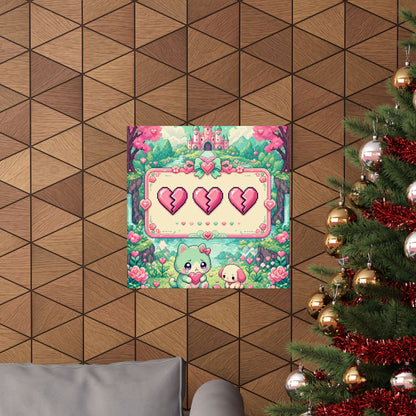 Cute Game Over Screen With Hearts - Kawaii Gaming Art Print (Matte Poster) - Moikas