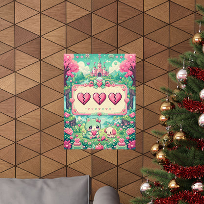 Cute Game Over Screen With Hearts - Kawaii Gaming Art Print (Matte Poster) - Moikas