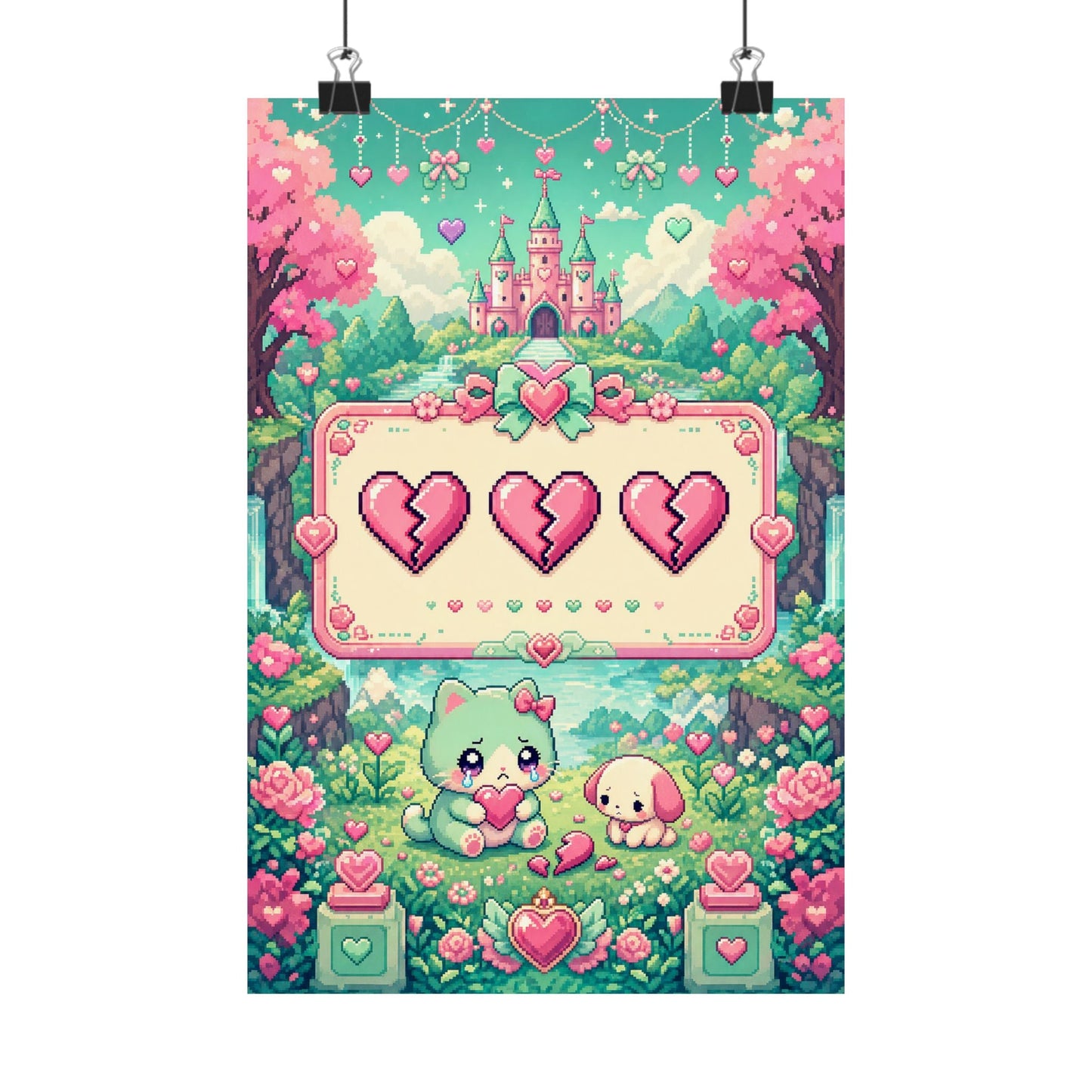 Cute Game Over Screen With Hearts - Kawaii Gaming Art Print (Matte Poster) - Moikas