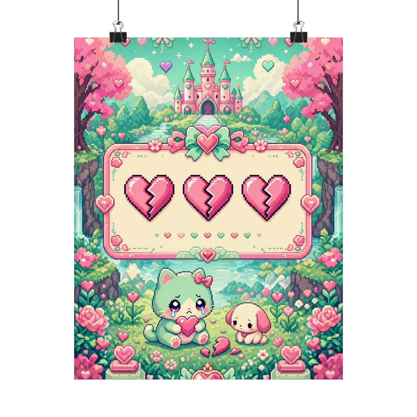 Cute Game Over Screen With Hearts - Kawaii Gaming Art Print (Matte Poster) - Moikas
