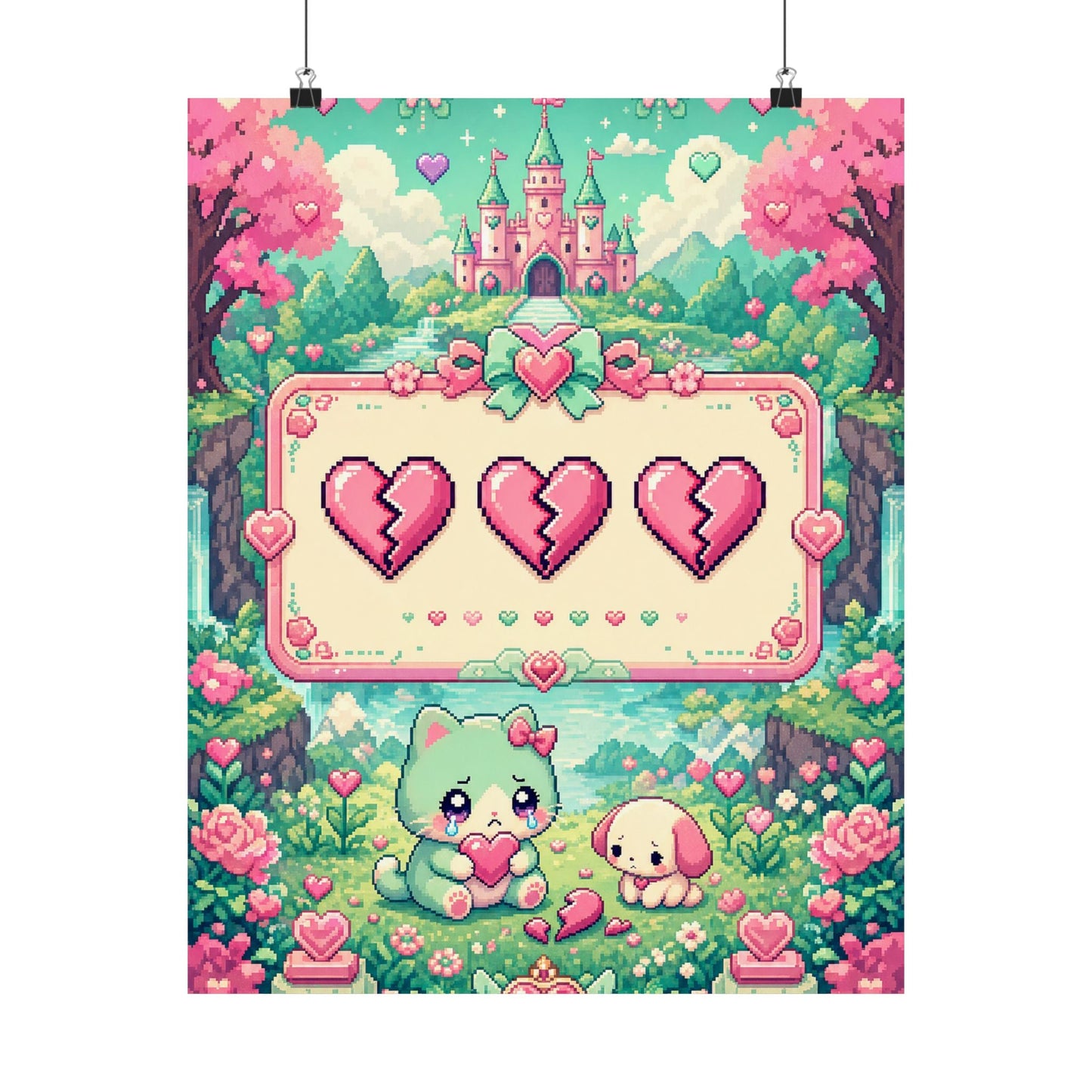 Cute Game Over Screen With Hearts - Kawaii Gaming Art Print (Matte Poster) - Moikas