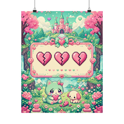 Cute Game Over Screen With Hearts - Kawaii Gaming Art Print (Matte Poster) - Moikas