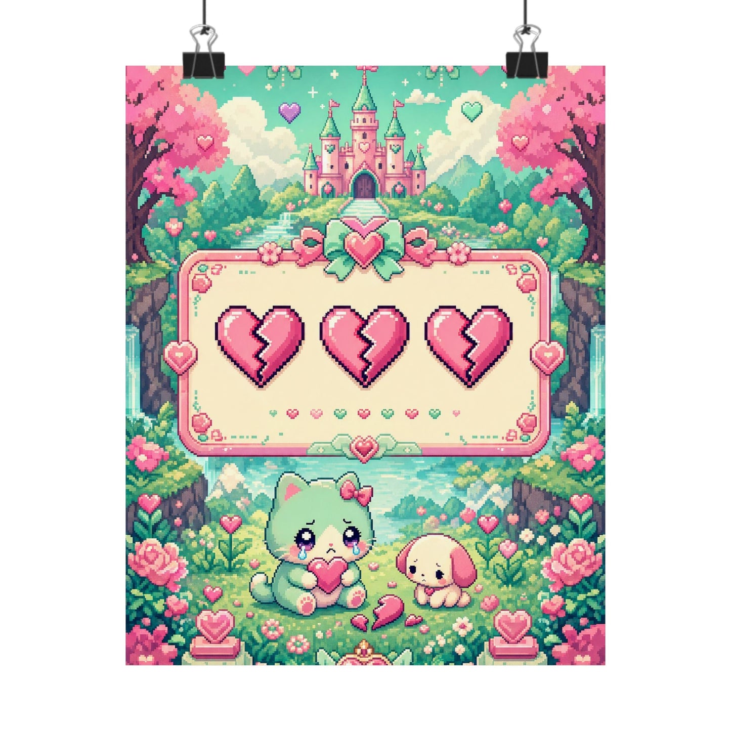 Cute Game Over Screen With Hearts - Kawaii Gaming Art Print (Matte Poster) - Moikas