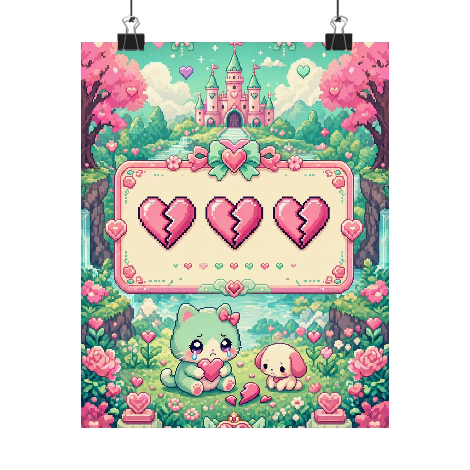 Cute Game Over Screen With Hearts - Kawaii Gaming Art Print (Matte Poster) - Moikas