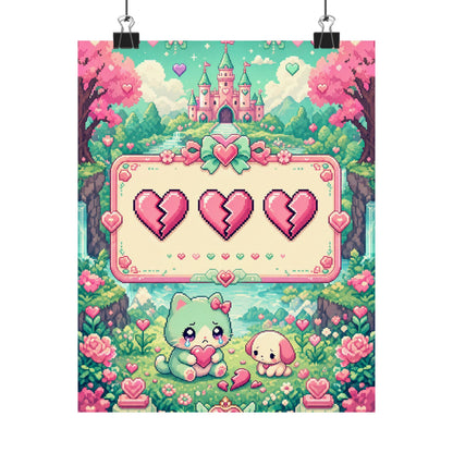 Cute Game Over Screen With Hearts - Kawaii Gaming Art Print (Matte Poster) - Moikas