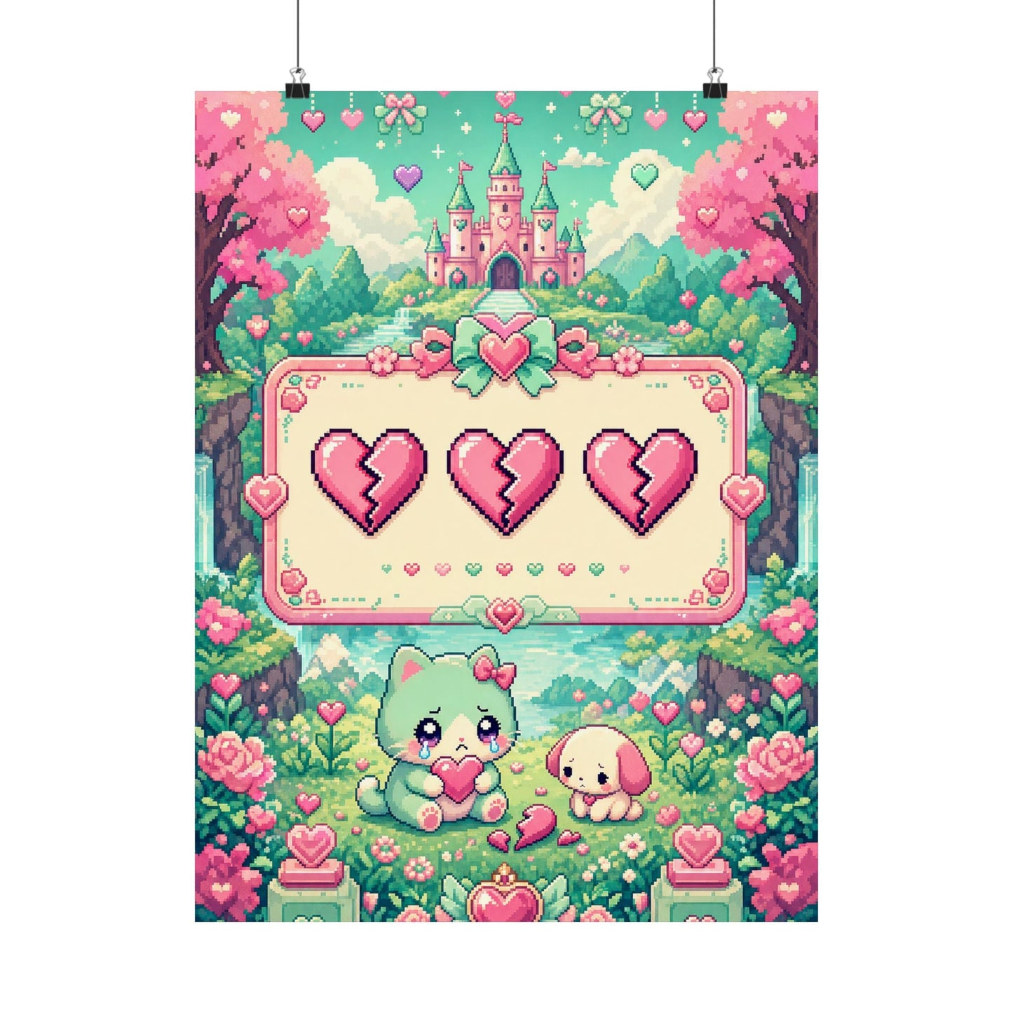 Cute Game Over Screen With Hearts - Kawaii Gaming Art Print (Matte Poster) - Moikas
