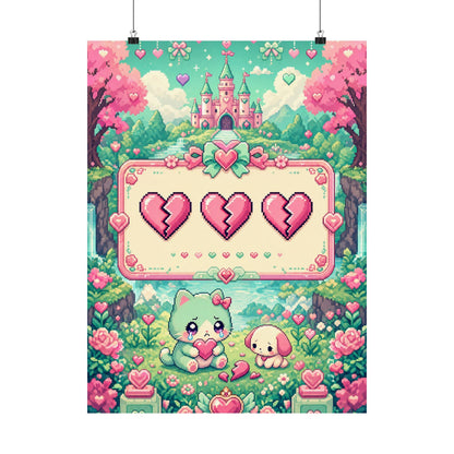Cute Game Over Screen With Hearts - Kawaii Gaming Art Print (Matte Poster) - Moikas