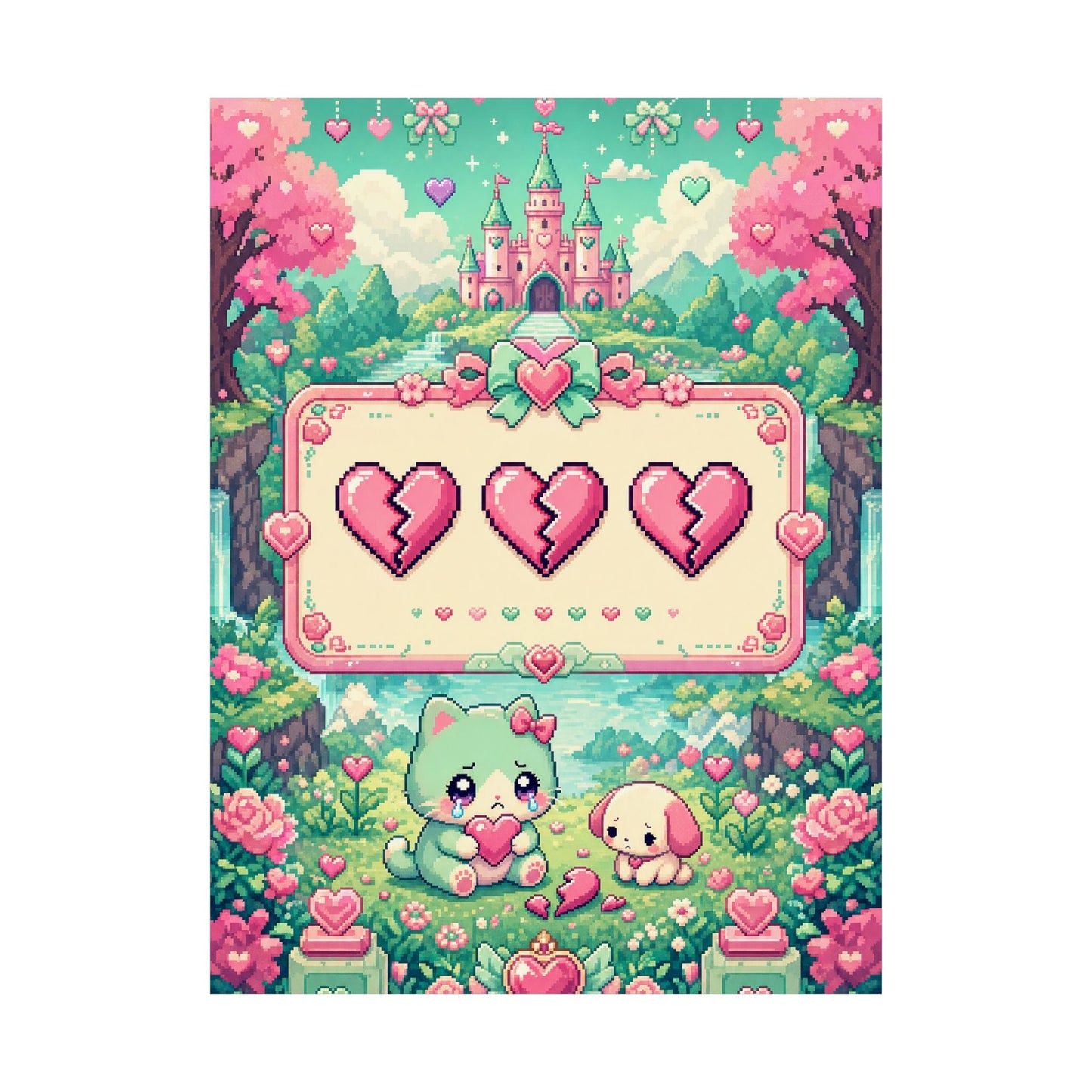 Cute Game Over Screen With Hearts - Kawaii Gaming Art Print (Matte Poster) - Moikas