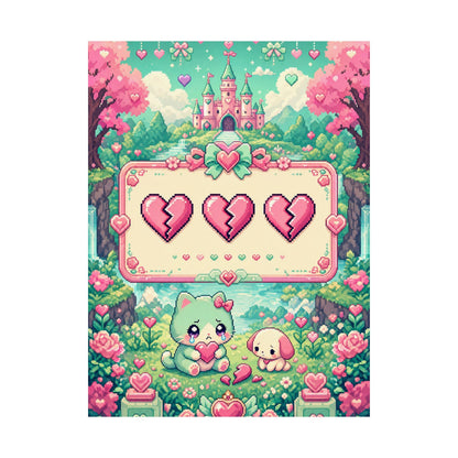 Cute Game Over Screen With Hearts - Kawaii Gaming Art Print (Matte Poster) - Moikas