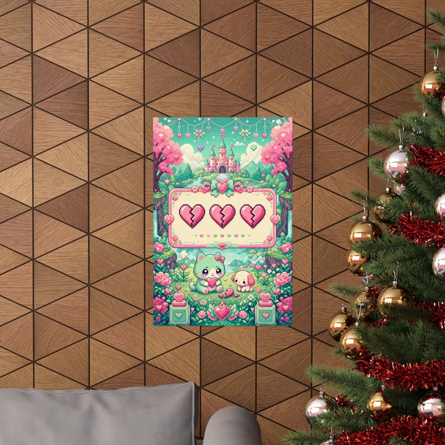 Cute Game Over Screen With Hearts - Kawaii Gaming Art Print (Matte Poster) - Moikas