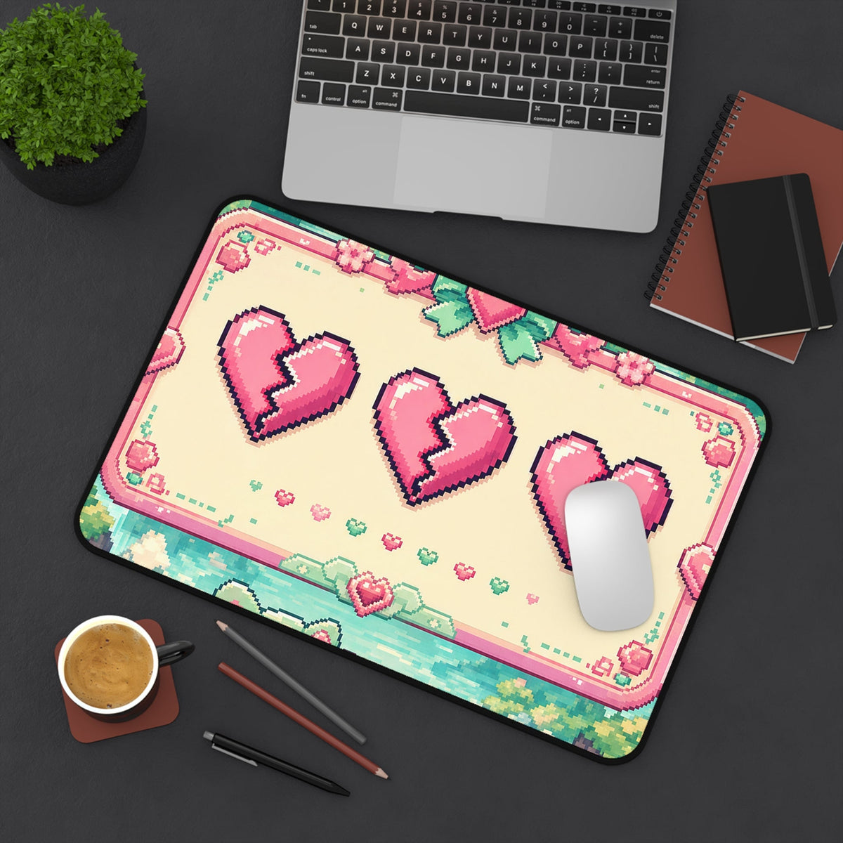 Cute Game Over Screen With Hearts - Kawaii Gaming Gaming Desk Mat - Moikas