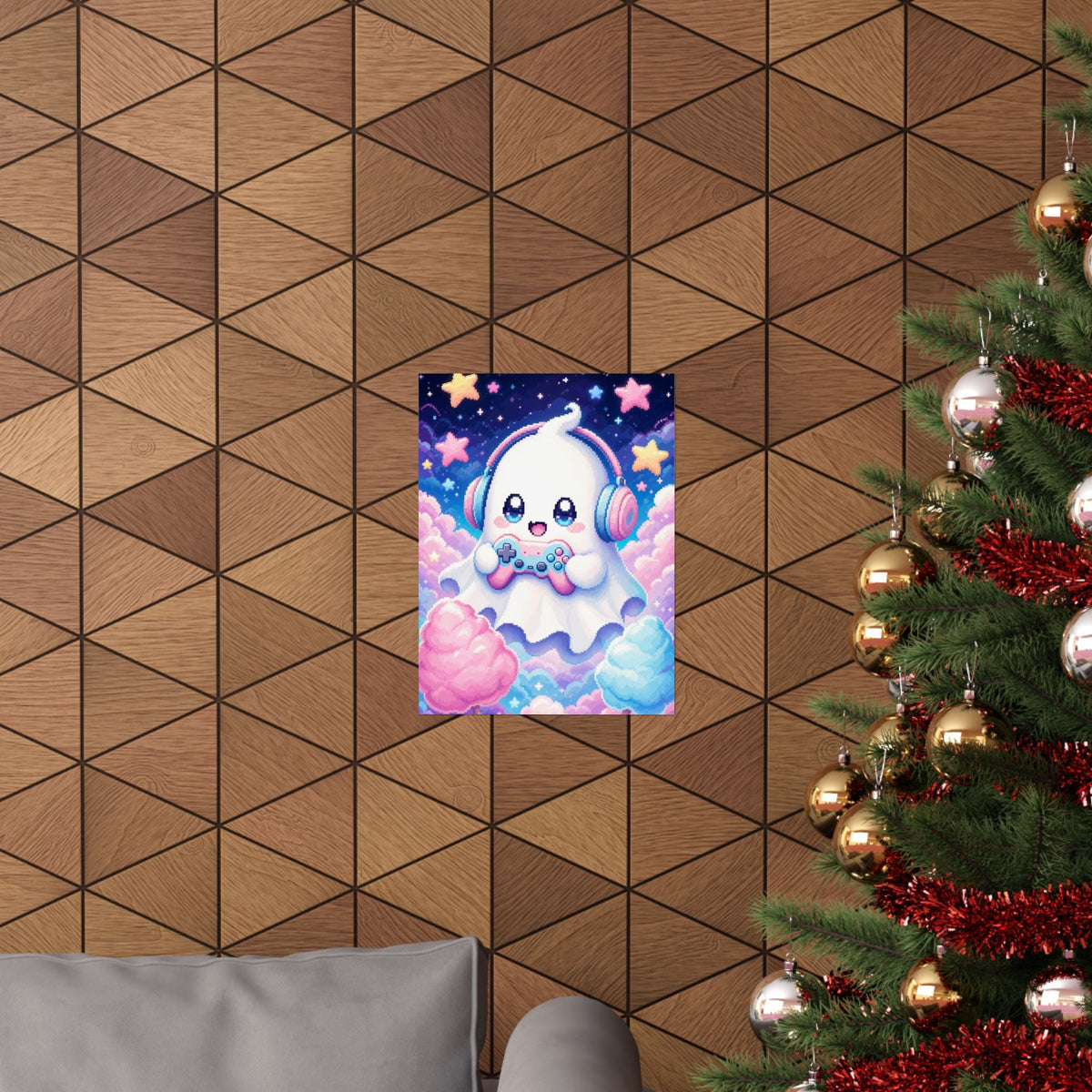 Cute Gaming Ghost With Controller - Kawaii Gaming Art Print (Matte Poster) - Moikas