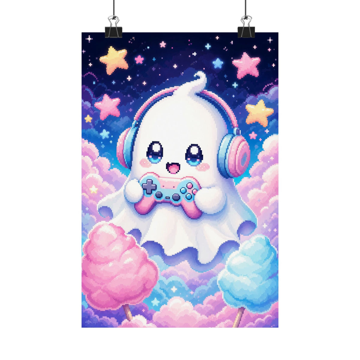 Cute Gaming Ghost With Controller - Kawaii Gaming Art Print (Matte Poster) - Moikas