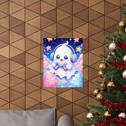 Cute Gaming Ghost With Controller - Kawaii Gaming Art Print (Matte Poster) - Moikas