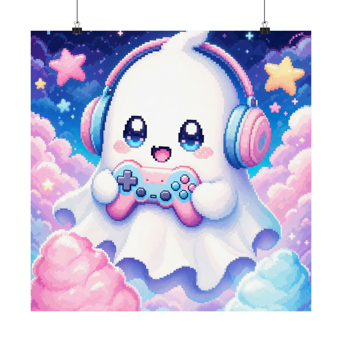 Cute Gaming Ghost With Controller - Kawaii Gaming Art Print (Matte Poster) - Moikas