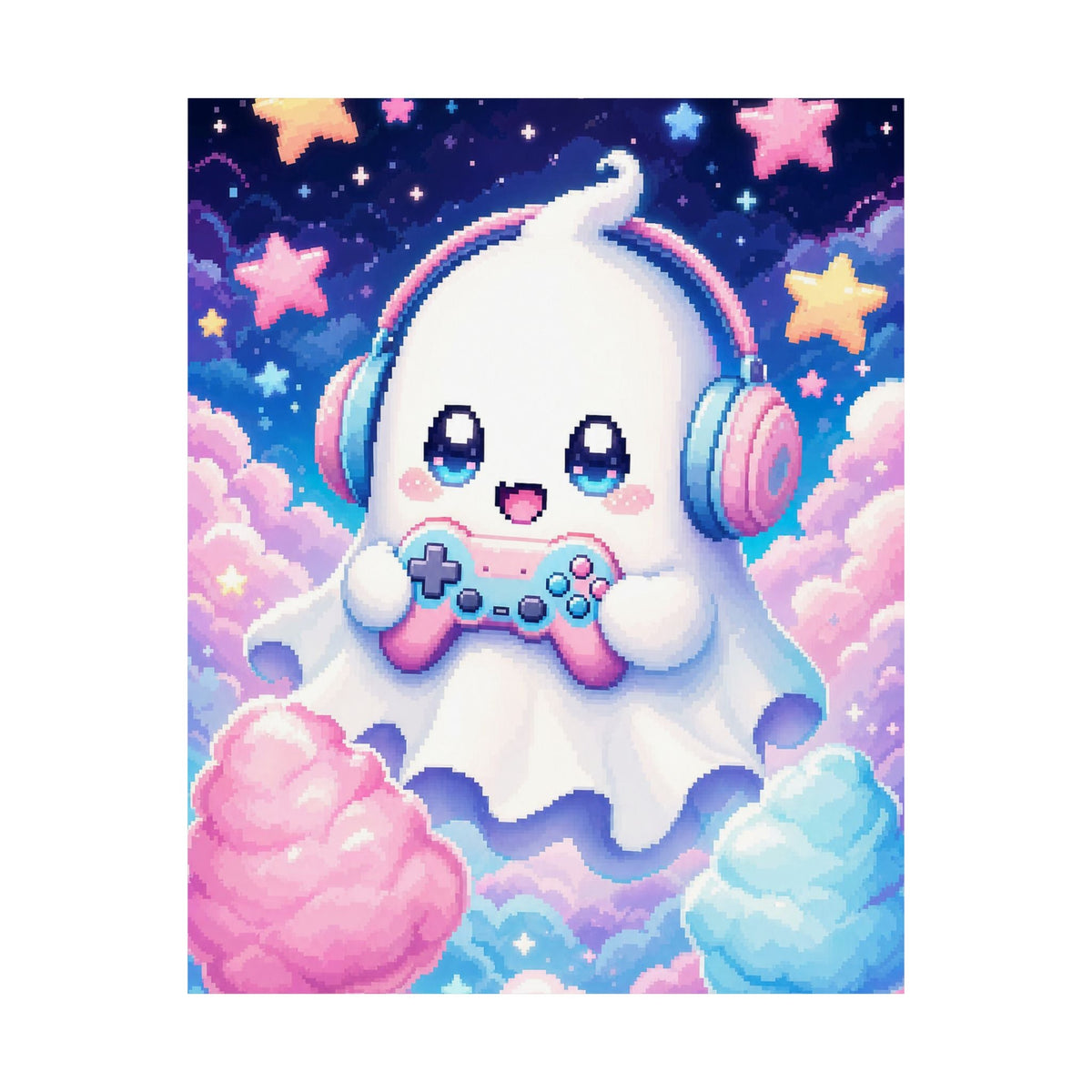 Cute Gaming Ghost With Controller - Kawaii Gaming Art Print (Matte Poster) - Moikas