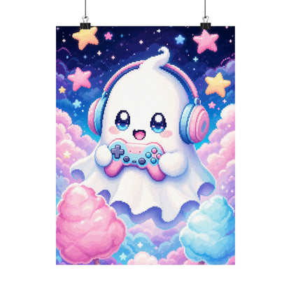 Cute Gaming Ghost With Controller - Kawaii Gaming Art Print (Matte Poster) - Moikas