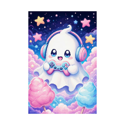 Cute Gaming Ghost With Controller - Kawaii Gaming Art Print (Matte Poster) - Moikas