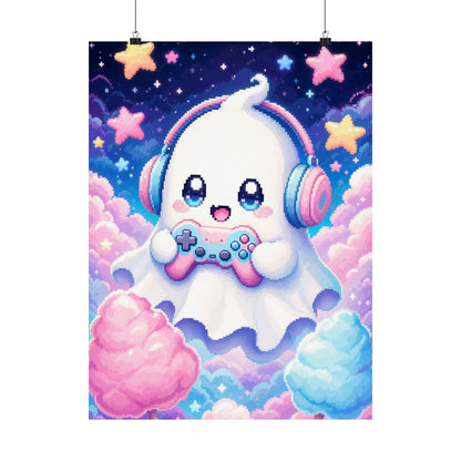 Cute Gaming Ghost With Controller - Kawaii Gaming Art Print (Matte Poster) - Moikas