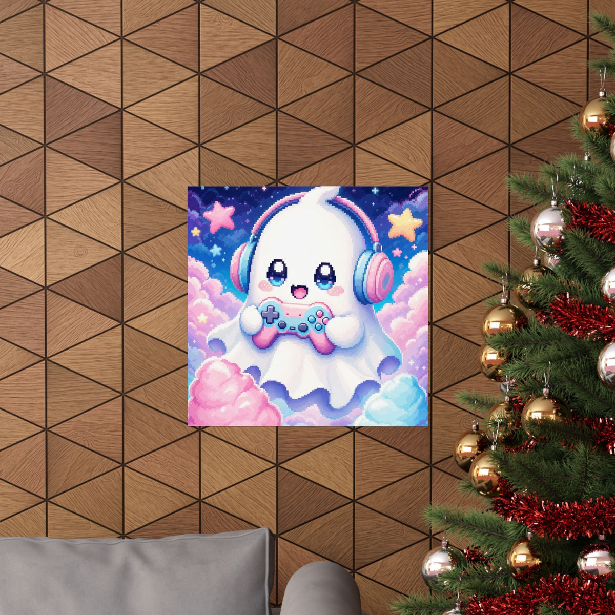 Cute Gaming Ghost With Controller - Kawaii Gaming Art Print (Matte Poster) - Moikas