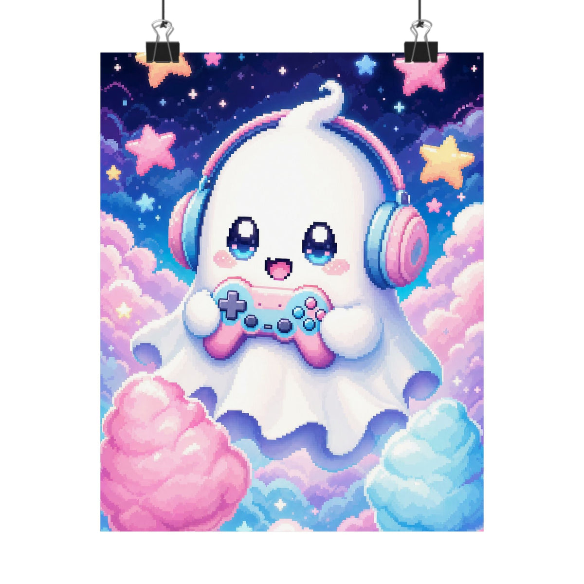 Cute Gaming Ghost With Controller - Kawaii Gaming Art Print (Matte Poster) - Moikas