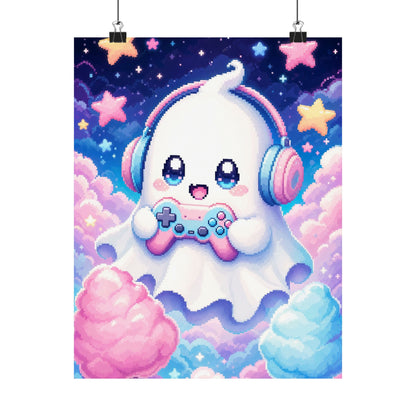 Cute Gaming Ghost With Controller - Kawaii Gaming Art Print (Matte Poster) - Moikas