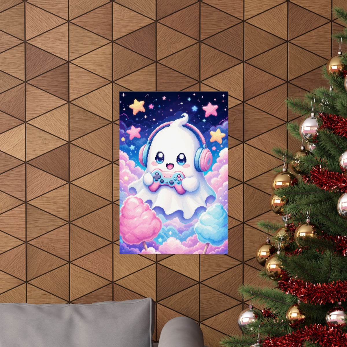 Cute Gaming Ghost With Controller - Kawaii Gaming Art Print (Matte Poster) - Moikas