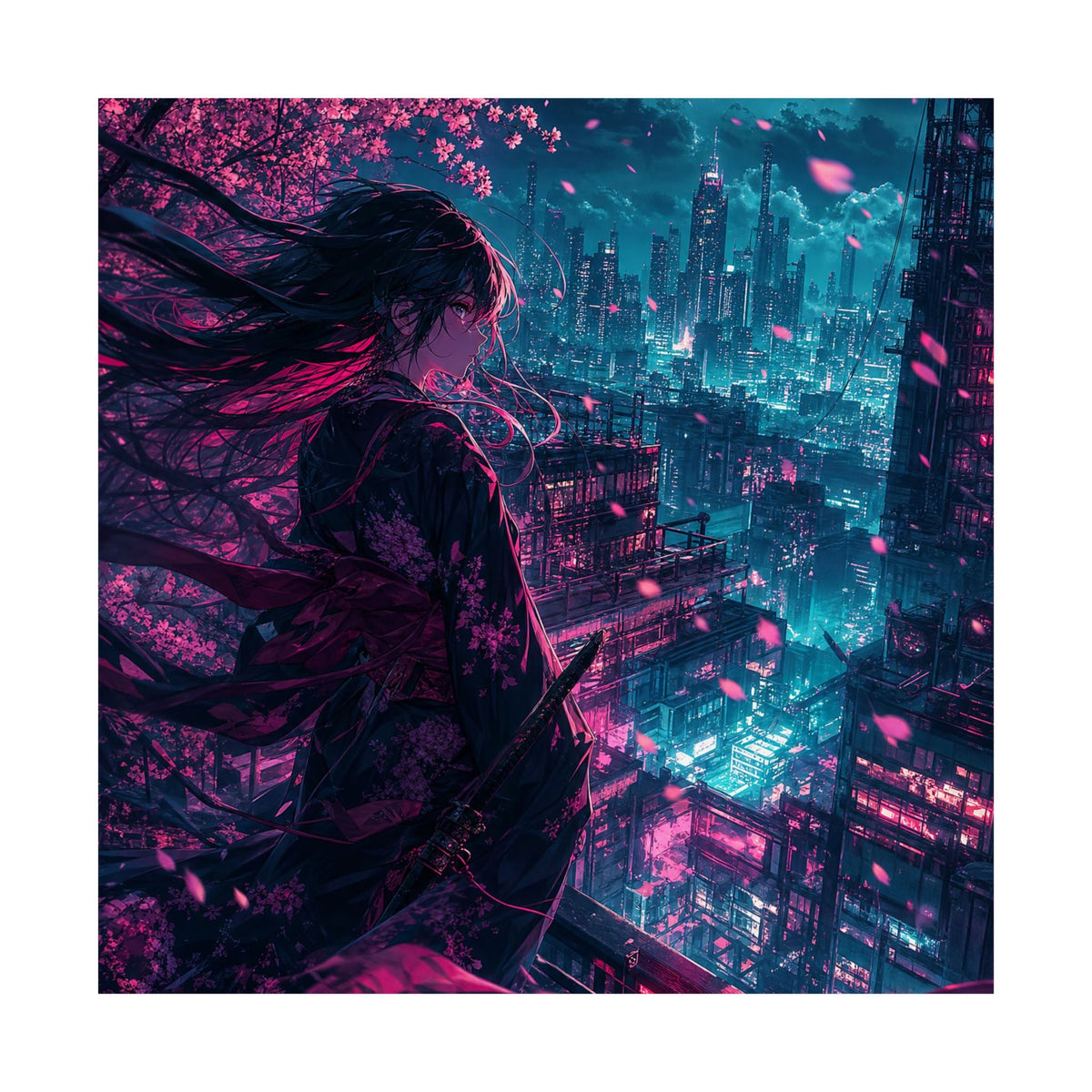 Cyberpunk City Street At Night - Anime Manga Art Print (Matte Poster) - Moikas