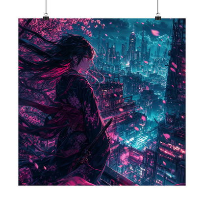 Cyberpunk City Street At Night - Anime Manga Art Print (Matte Poster) - Moikas