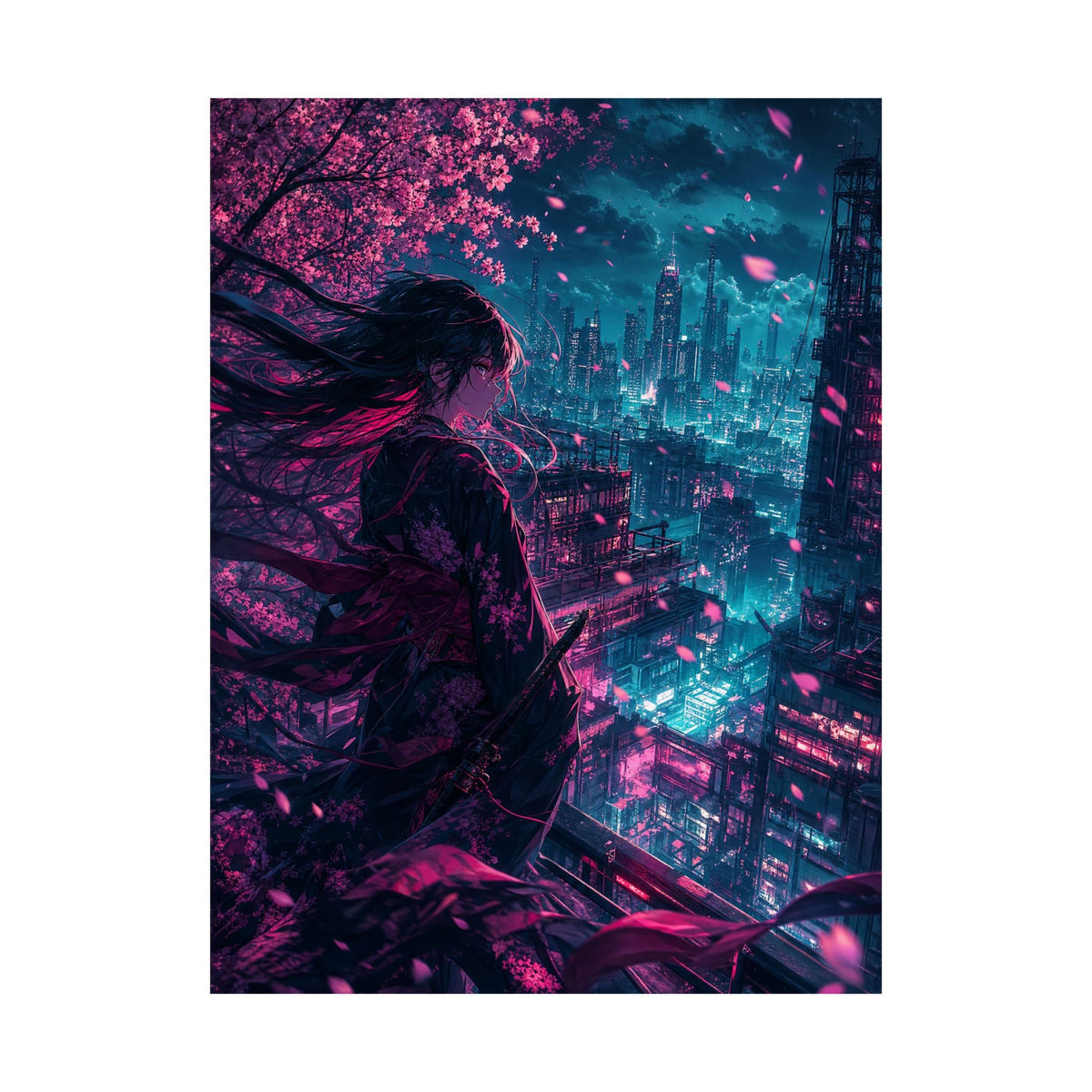 Cyberpunk City Street At Night - Anime Manga Art Print (Matte Poster) - Moikas