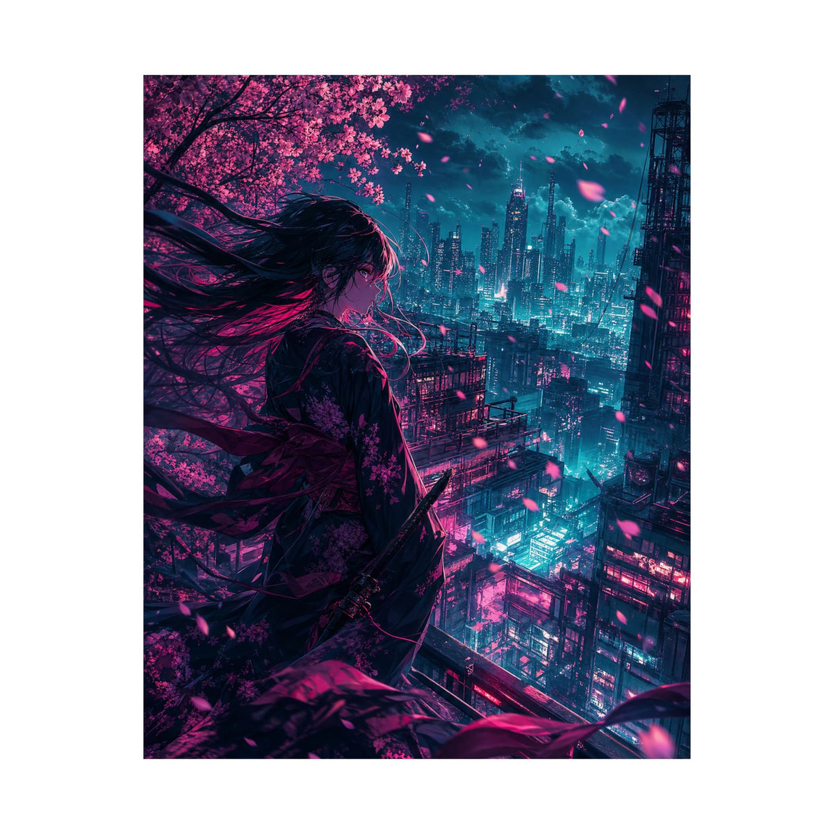 Cyberpunk City Street At Night - Anime Manga Art Print (Matte Poster) - Moikas