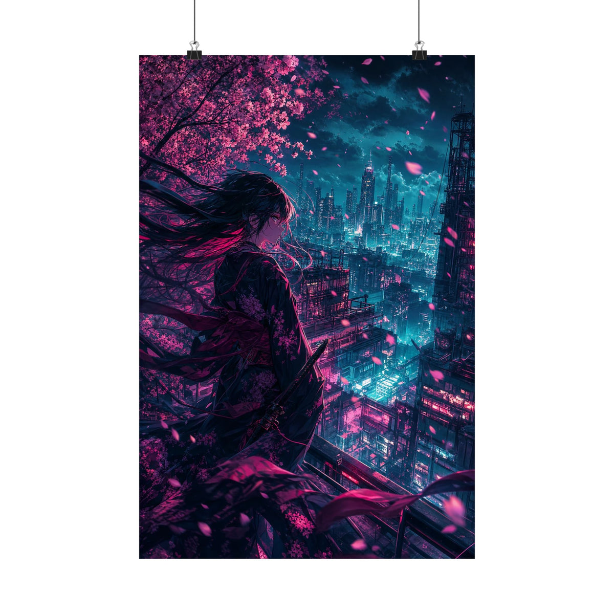 Cyberpunk City Street At Night - Anime Manga Art Print (Matte Poster) - Moikas