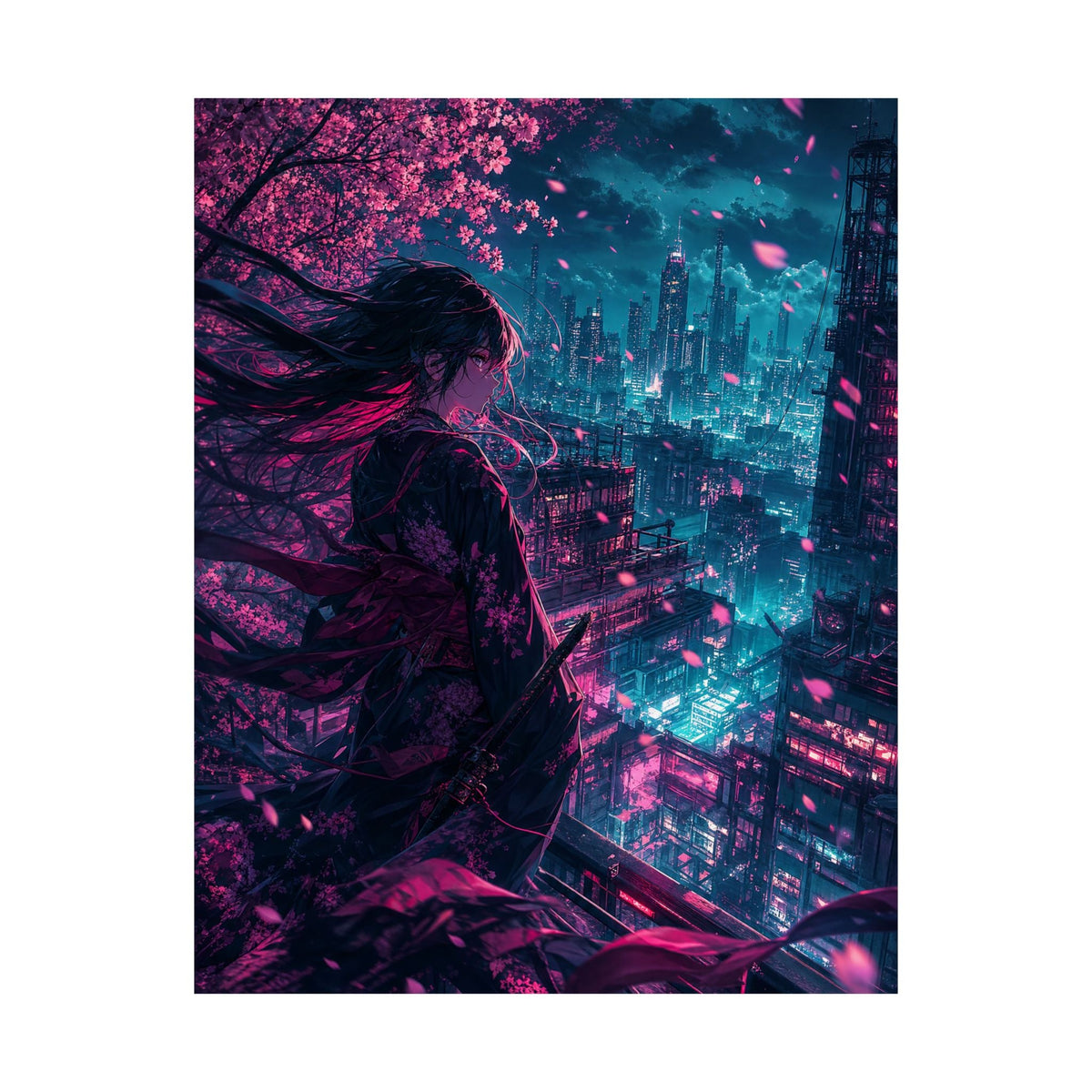 Cyberpunk City Street At Night - Anime Manga Art Print (Matte Poster) - Moikas