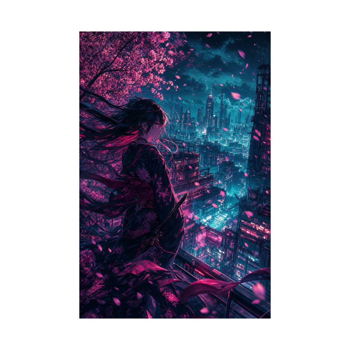 Cyberpunk City Street At Night - Anime Manga Art Print (Matte Poster) - Moikas