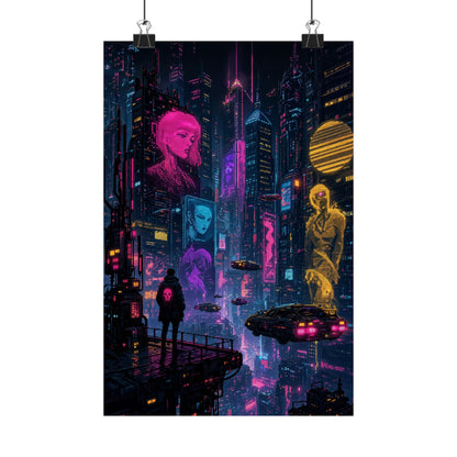Cyberpunk City With Holographic Ads - Gaming Culture Art Print (Matte Poster) - Moikas
