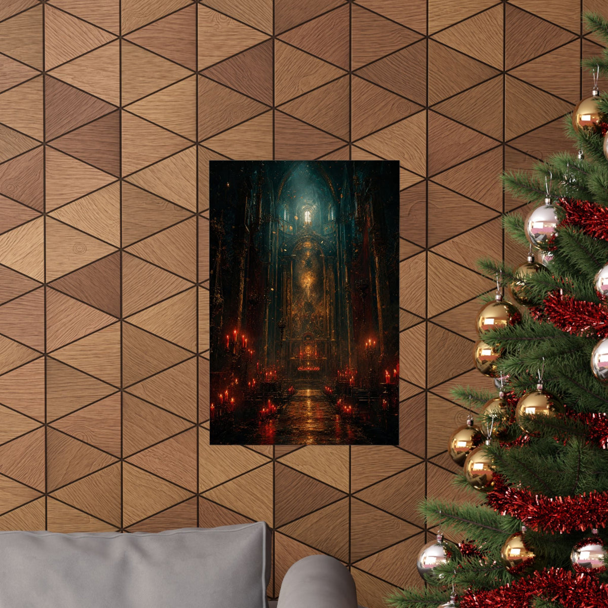 Dark Cathedral With Red Candles - Dark Fantasy Art Print (Matte Poster) - Moikas