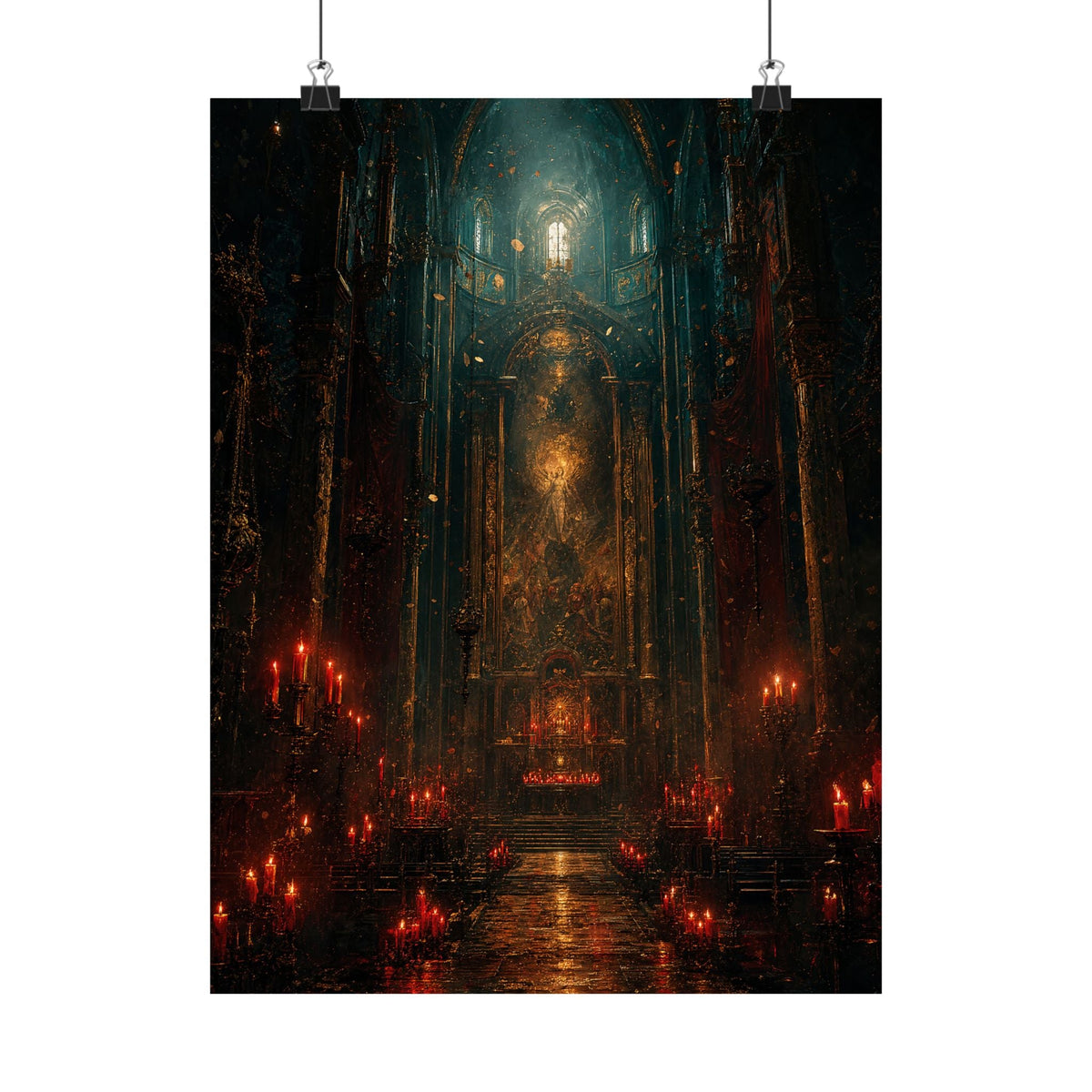 Dark Cathedral With Red Candles - Dark Fantasy Art Print (Matte Poster) - Moikas