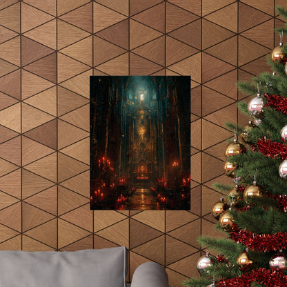 Dark Cathedral With Red Candles - Dark Fantasy Art Print (Matte Poster) - Moikas