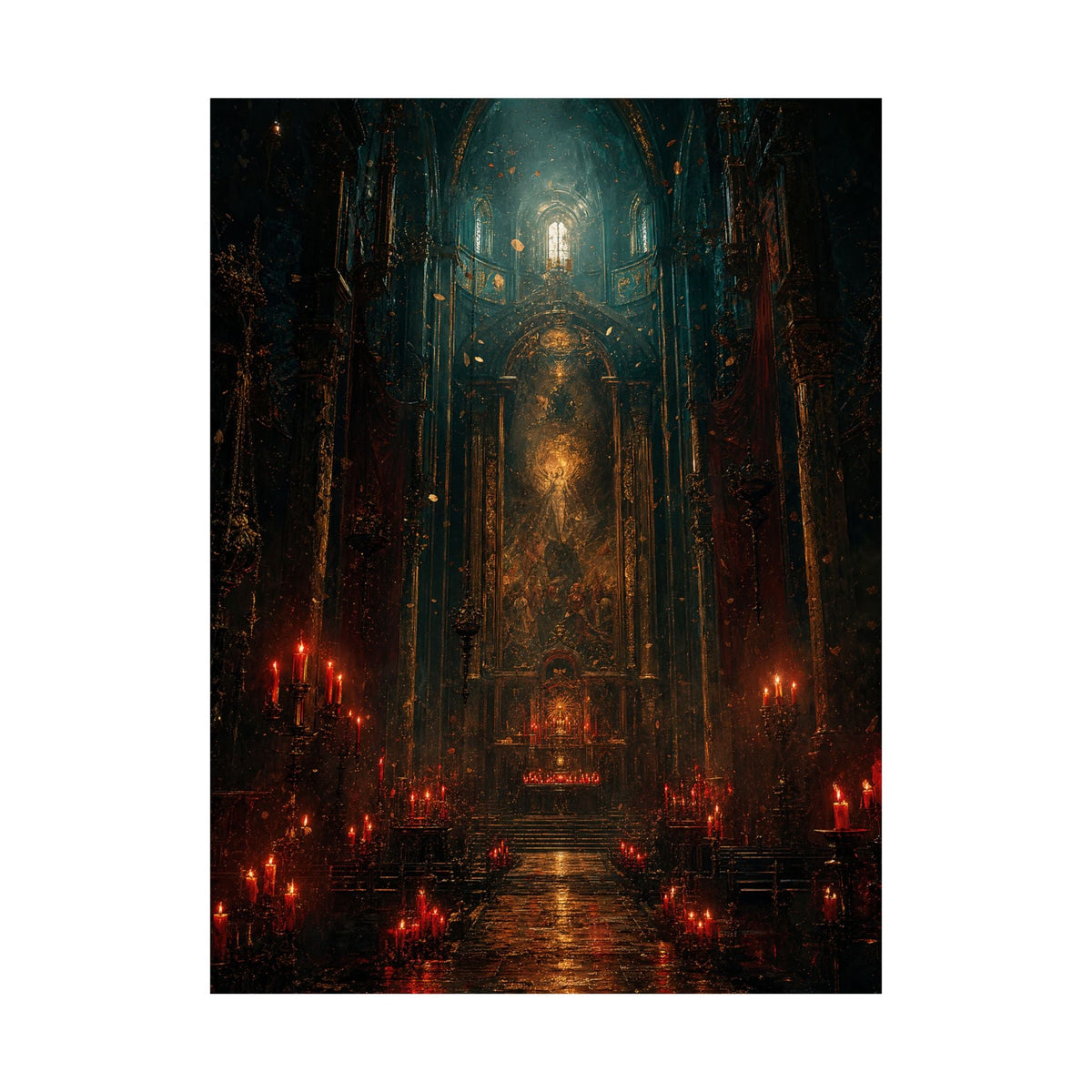 Dark Cathedral With Red Candles - Dark Fantasy Art Print (Matte Poster) - Moikas