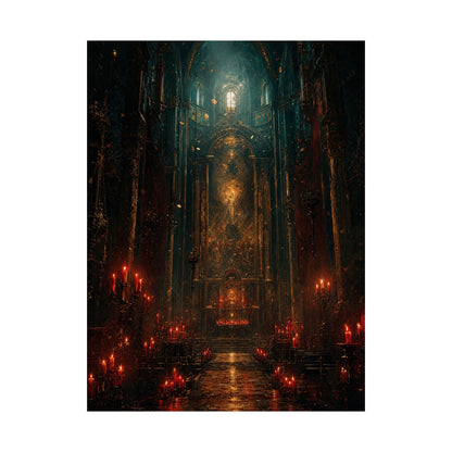 Dark Cathedral With Red Candles - Dark Fantasy Art Print (Matte Poster) - Moikas