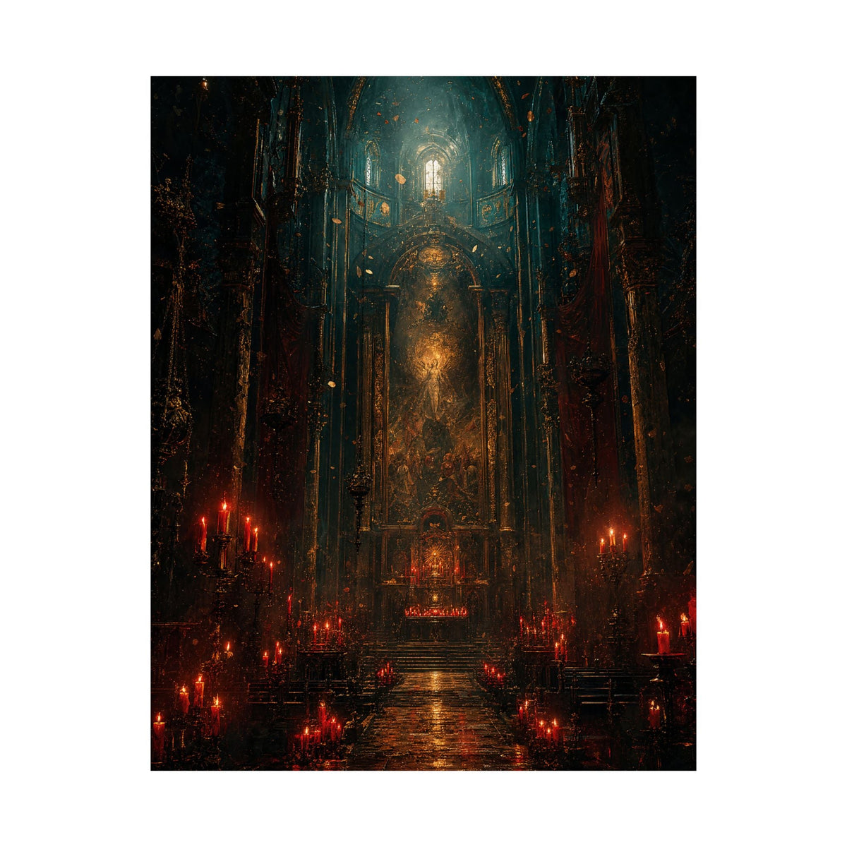 Dark Cathedral With Red Candles - Dark Fantasy Art Print (Matte Poster) - Moikas