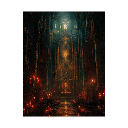 Dark Cathedral With Red Candles - Dark Fantasy Art Print (Matte Poster) - Moikas