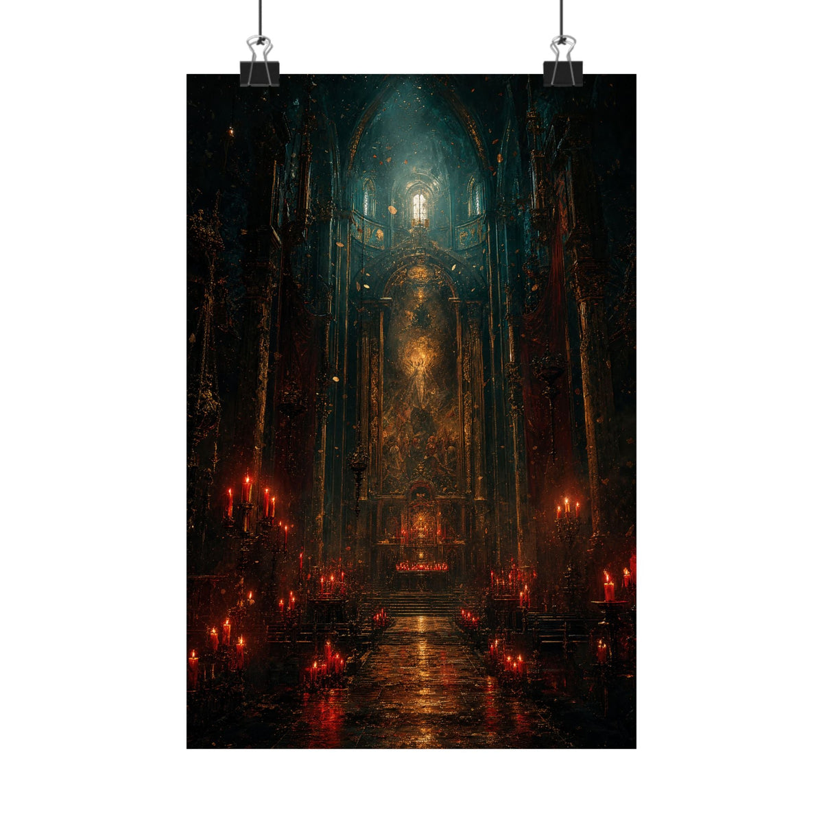 Dark Cathedral With Red Candles - Dark Fantasy Art Print (Matte Poster) - Moikas