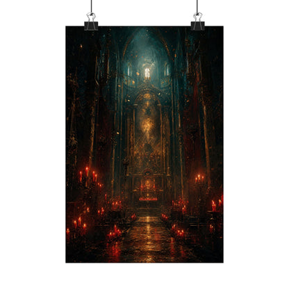Dark Cathedral With Red Candles - Dark Fantasy Art Print (Matte Poster) - Moikas