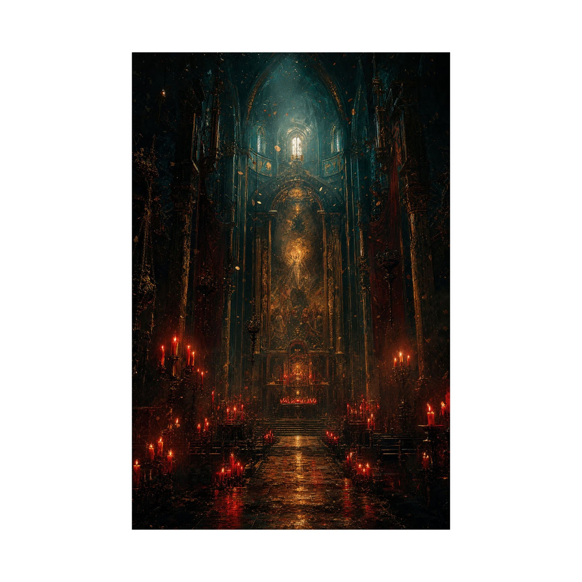 Dark Cathedral With Red Candles - Dark Fantasy Art Print (Matte Poster) - Moikas