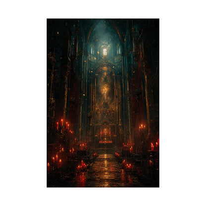 Dark Cathedral With Red Candles - Dark Fantasy Art Print (Matte Poster) - Moikas