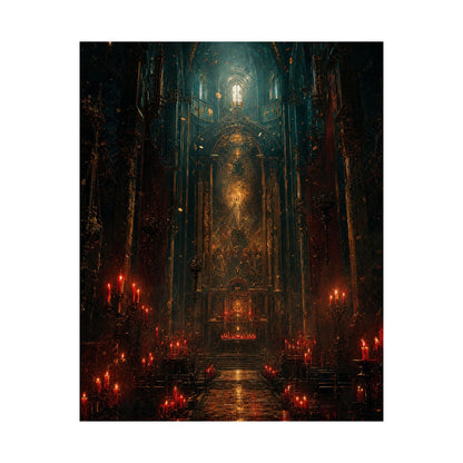 Dark Cathedral With Red Candles - Dark Fantasy Art Print (Matte Poster) - Moikas