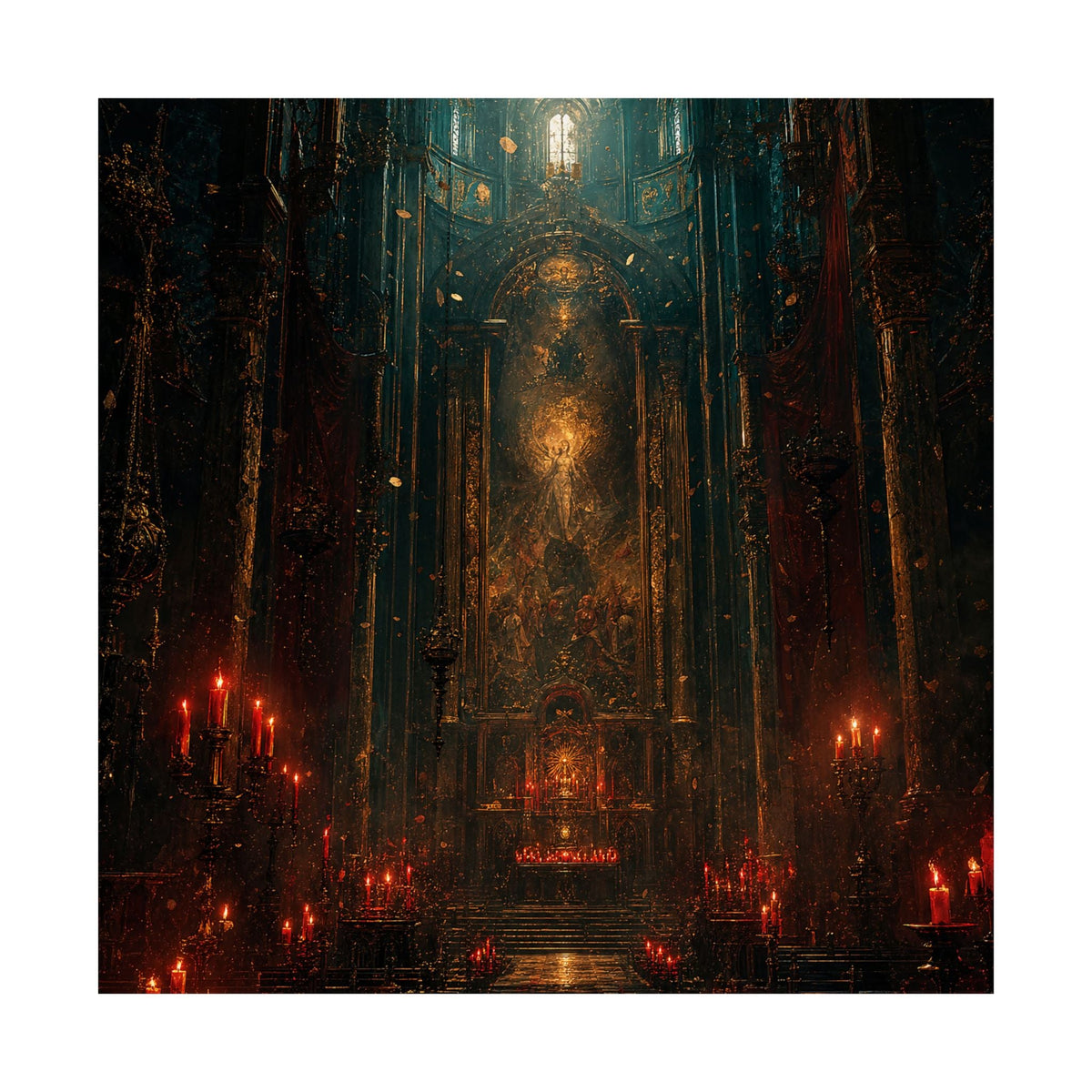 Dark Cathedral With Red Candles - Dark Fantasy Art Print (Matte Poster) - Moikas