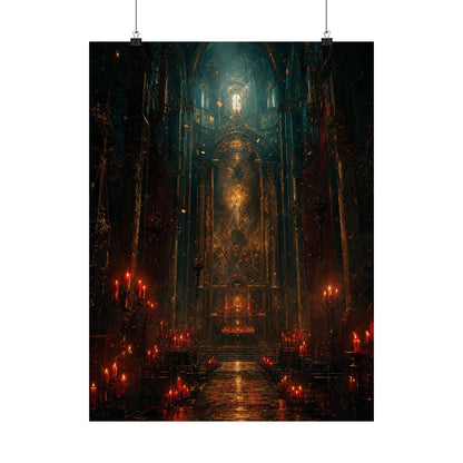 Dark Cathedral With Red Candles - Dark Fantasy Art Print (Matte Poster) - Moikas